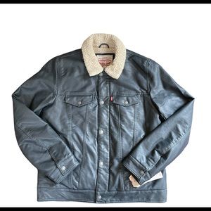 Levis Men's Faux Leather Navy Lined Sherpa Collar Trucker Size M